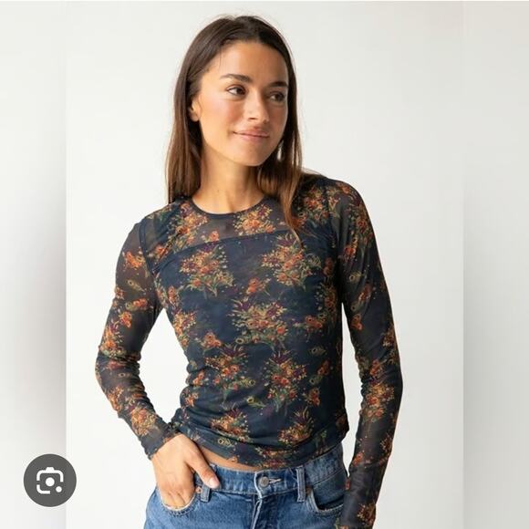NATURAL LIFE Tops - Natural Life Womens Black Floral Sloane Mesh Long Sleeve Top Small